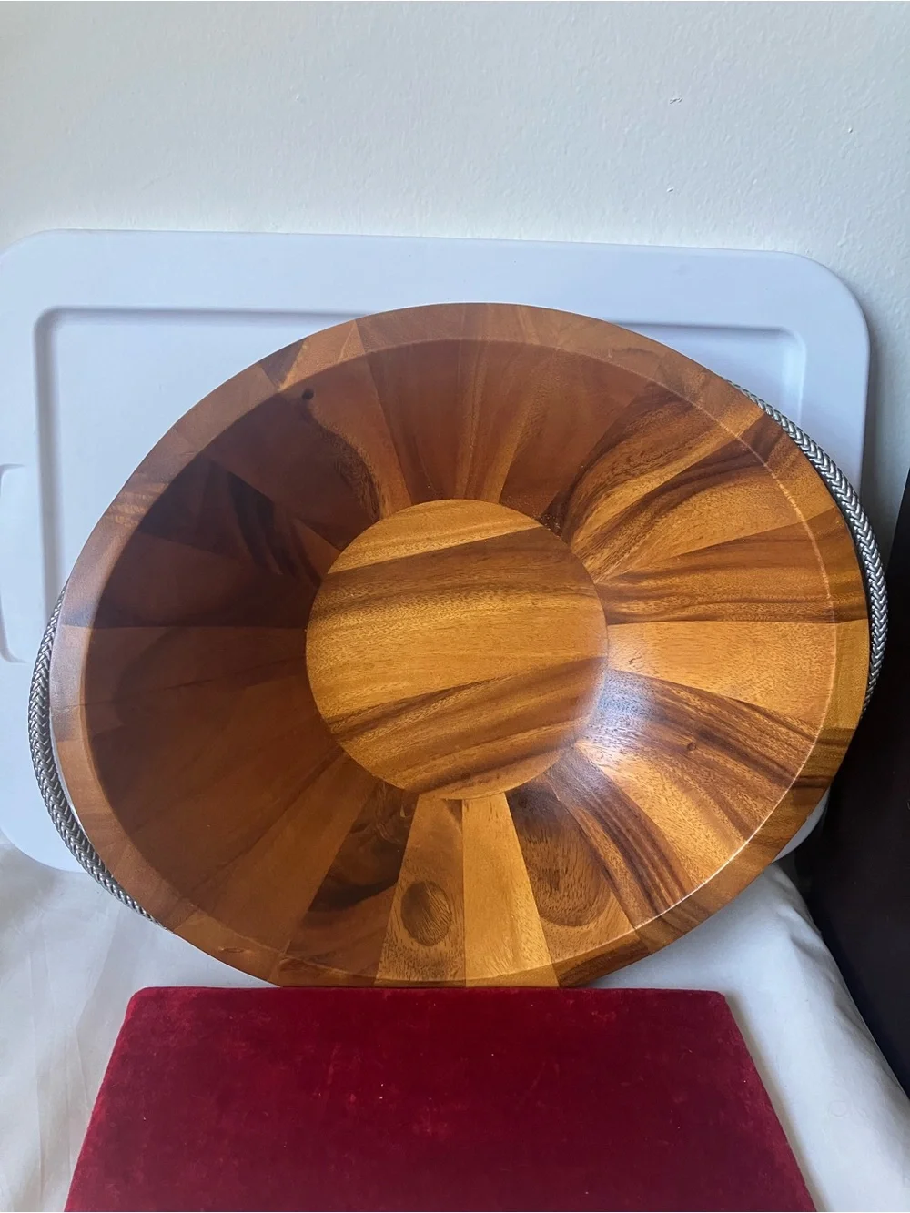 Nambe Braid Collection Large Oval Acacia Wood Handled Salad Serving Bowl USED.